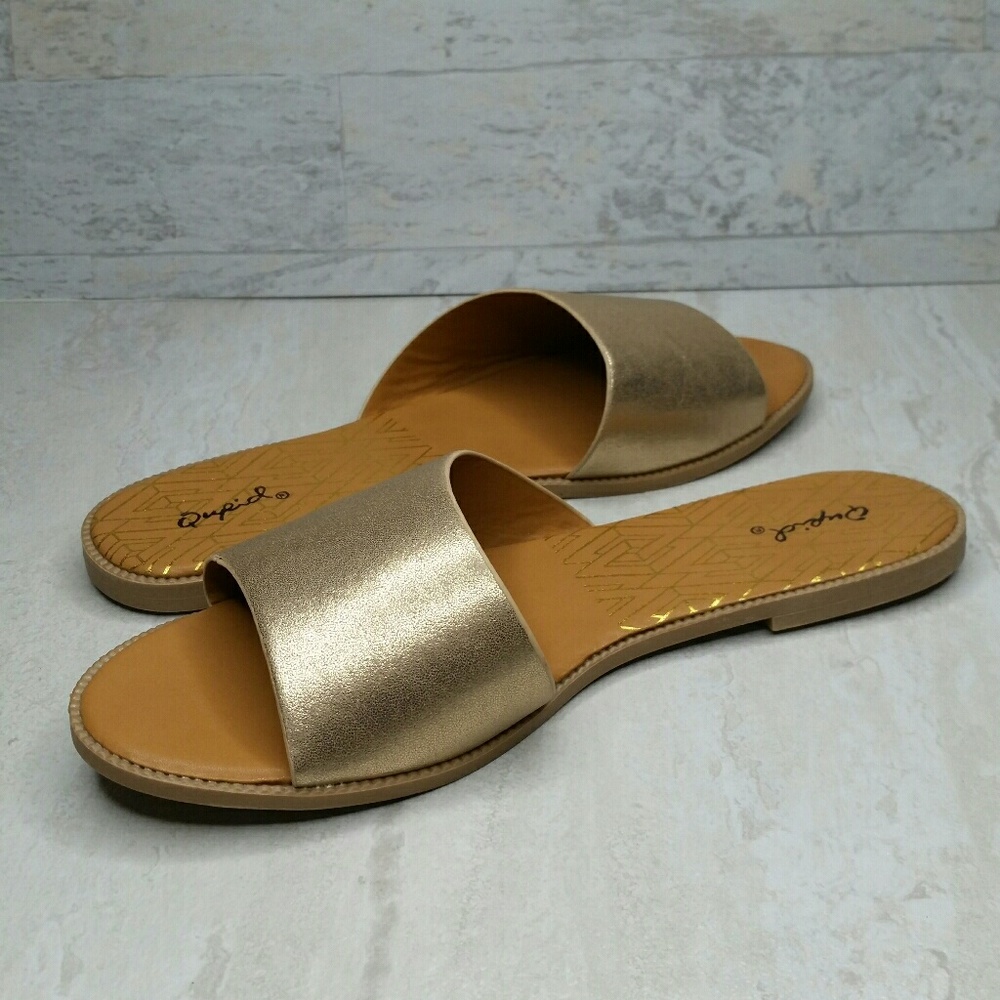 SALE!!!  Sandal Gold Metallic Slide Flat Open-Toe Sandal NEW - Picture 3 of 8